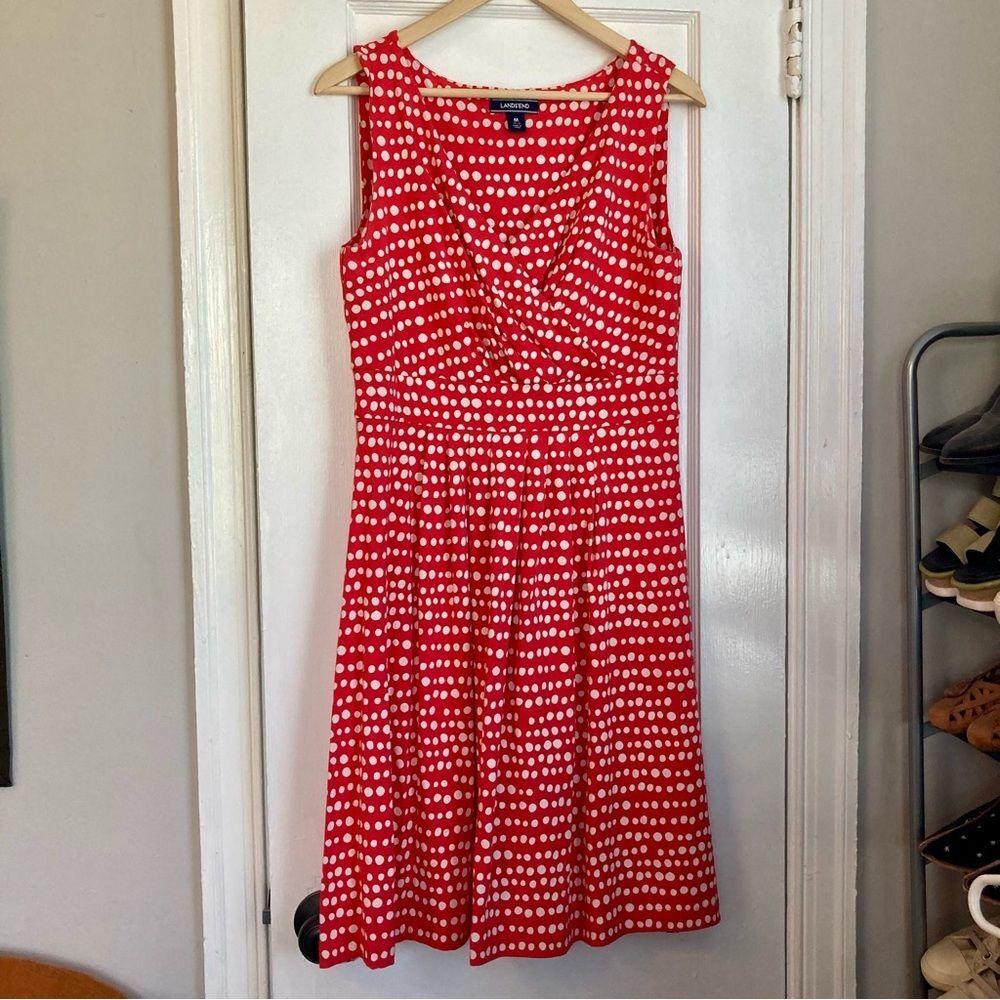 Lands' End Fit and Flare Dress Red and White Polka Dot Women's Size M